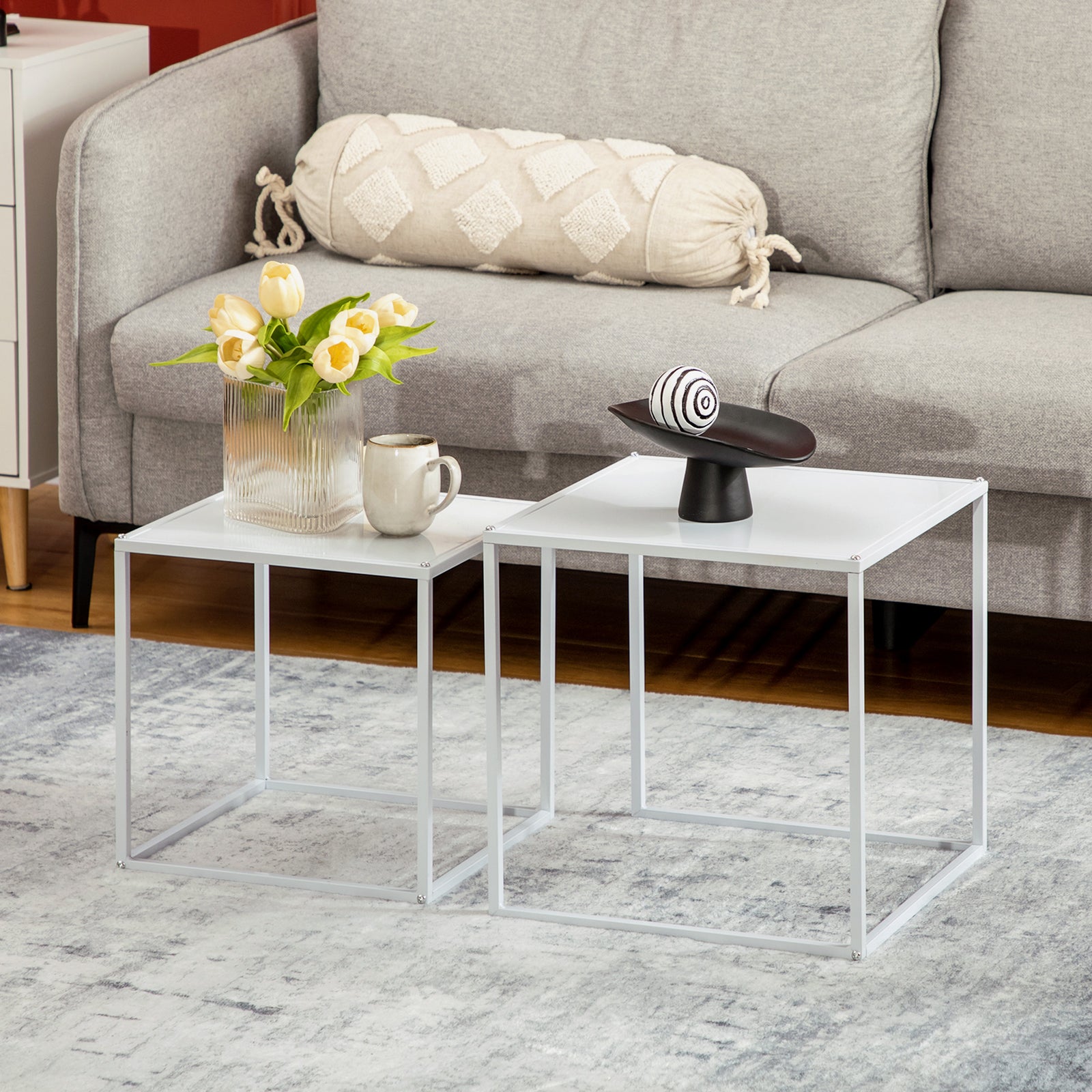 HOMCOM Nesting Coffee Table Set Of 2, Nest Of Tables With Steel Frame, White