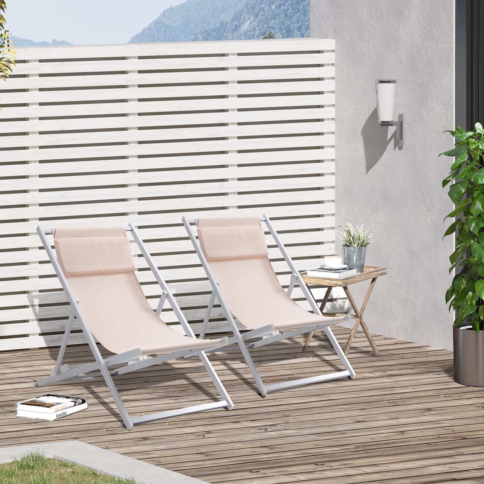 Set Of 2 Folding Garden Beach Aluminium Frame Deck Chairs | Beige