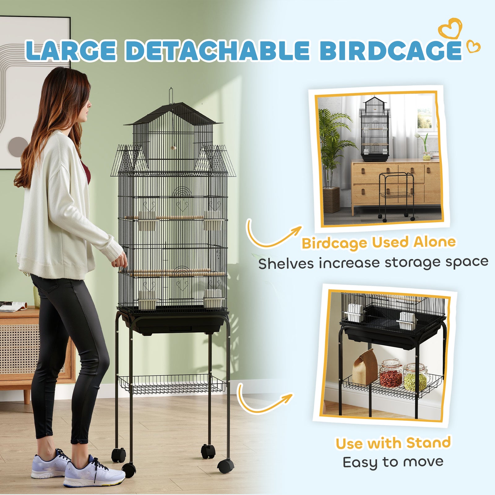 Metal Bird Cage W/ Perch, Food Container, Handle, For Finch, Canary | Large | Black