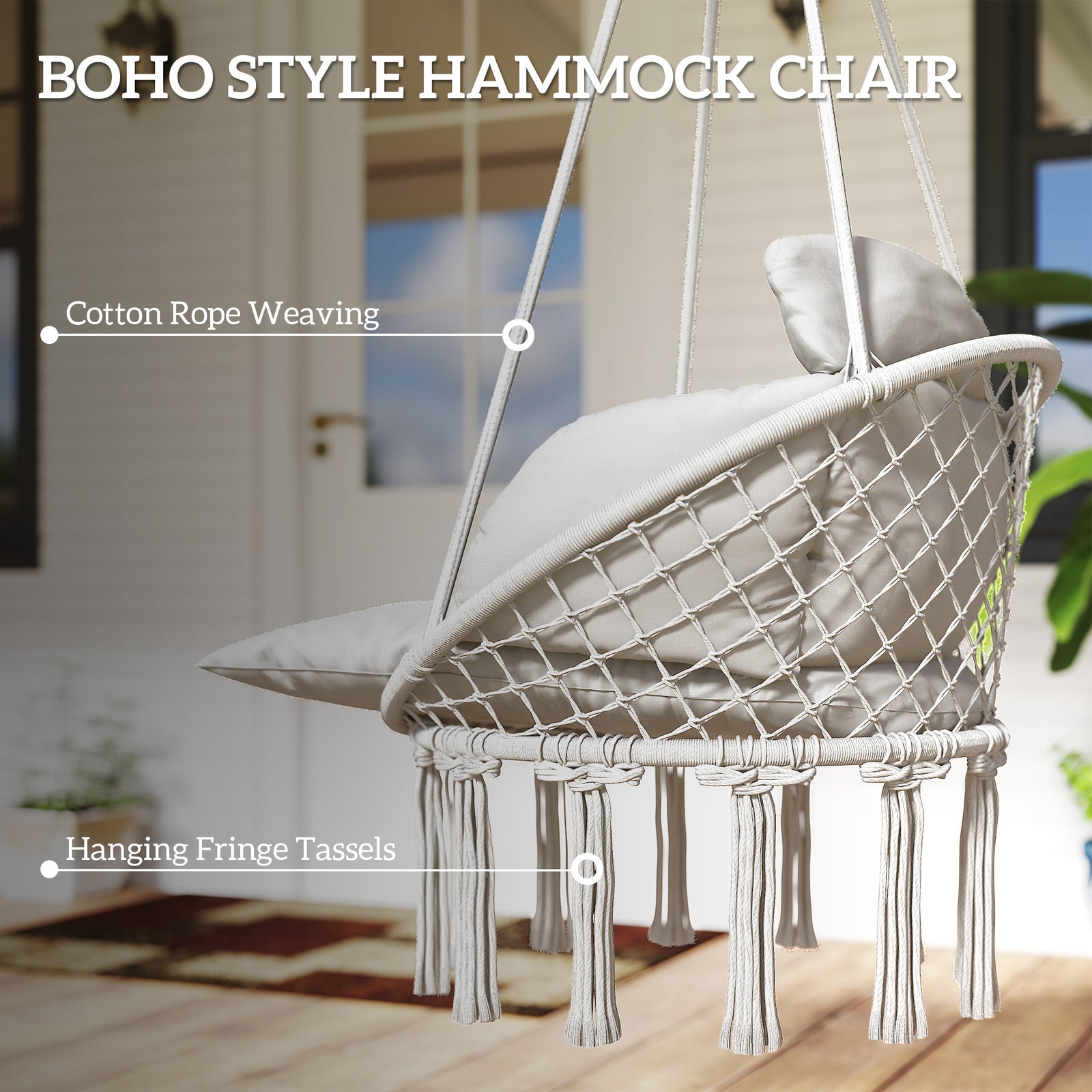 Hammock Chair, Boho Hanging Swing Chair With Cushion | Cream