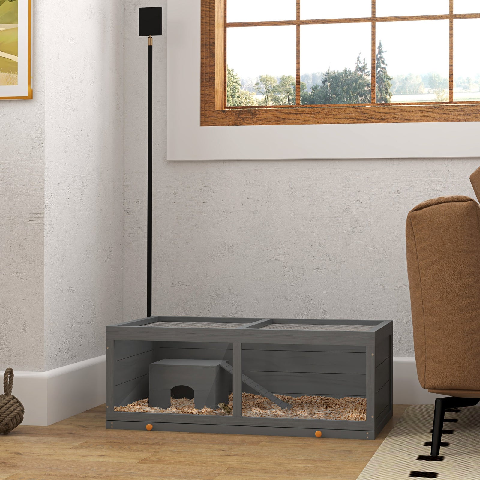 Pawhut Wooden Hamster Cage With Sliding Tray, Openable Top, Hut | Gray