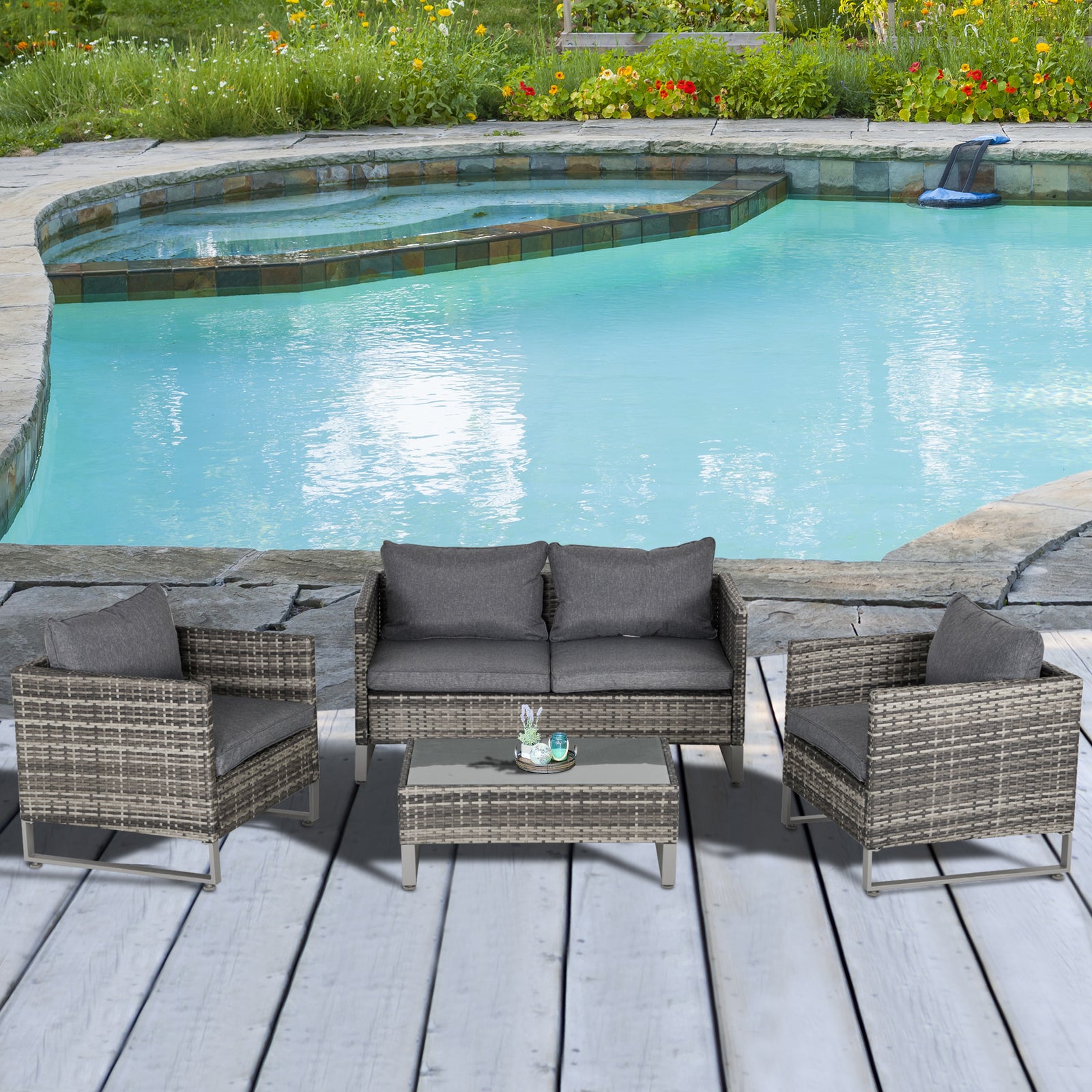4 Pcs Pe Rattan Wicker Outdoor Dining Set