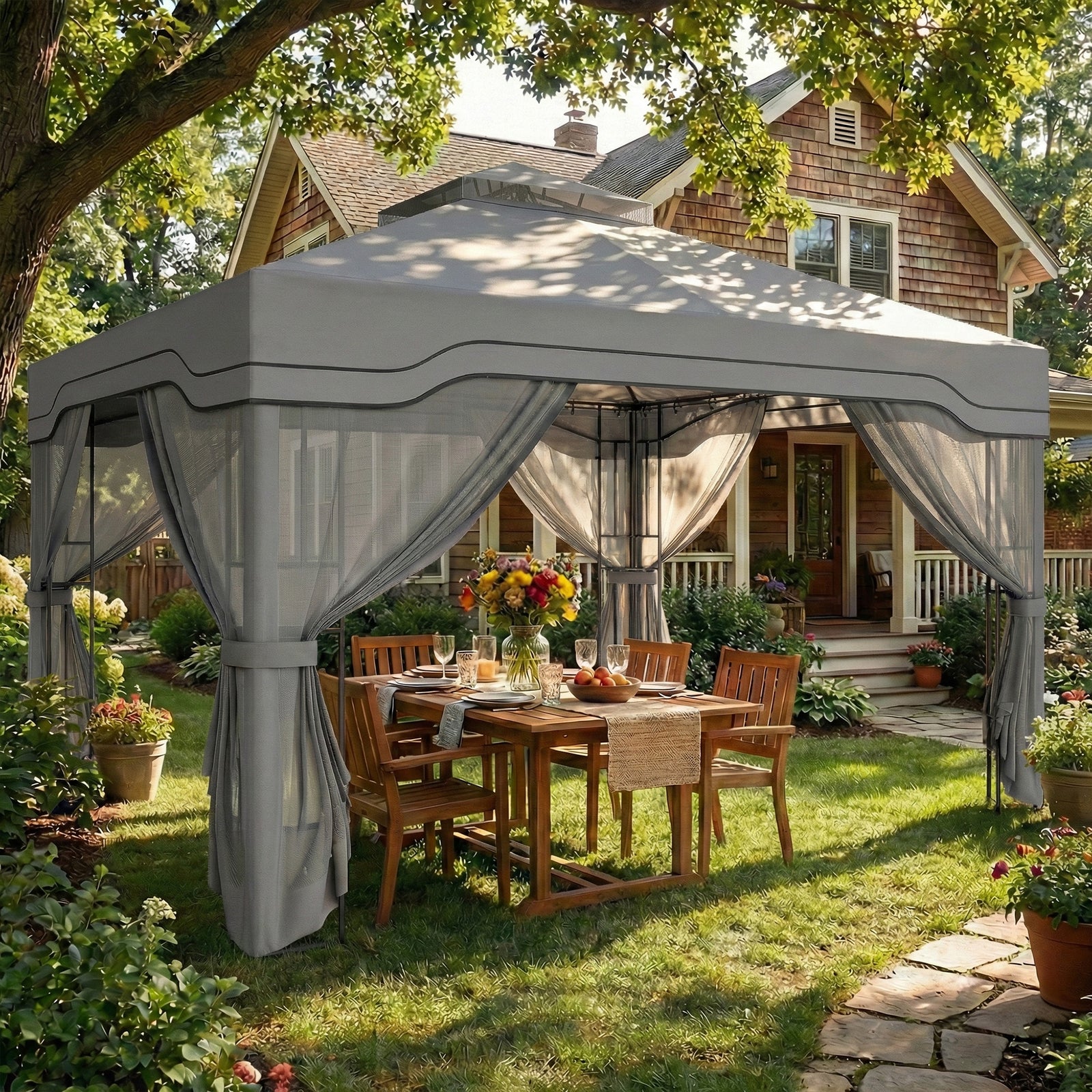 3 X 3.6 M Garden Gazebo With Shelves, Upf50+ Permanent Gazebo | Dark Grey