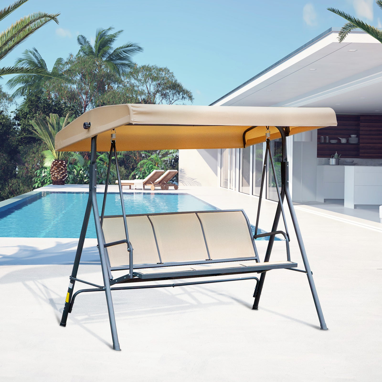 3 Seater Garden Swing Patio Hammock With Canopy For Outdoor | Beige