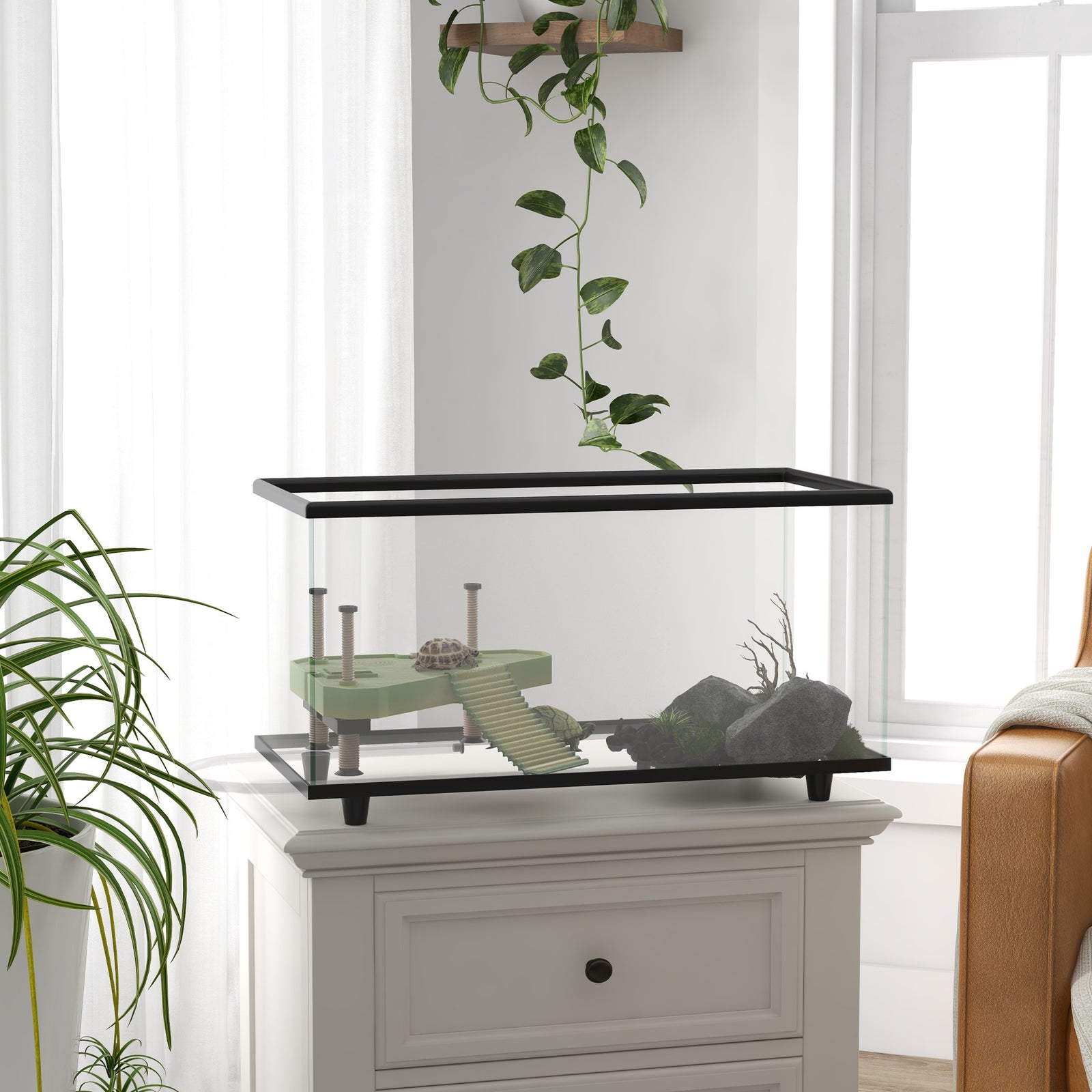 Turtle Tank 28l/50l Glass Turtle Aquarium W/ Easy Drainage, 45 X 25 X 29cm | Black