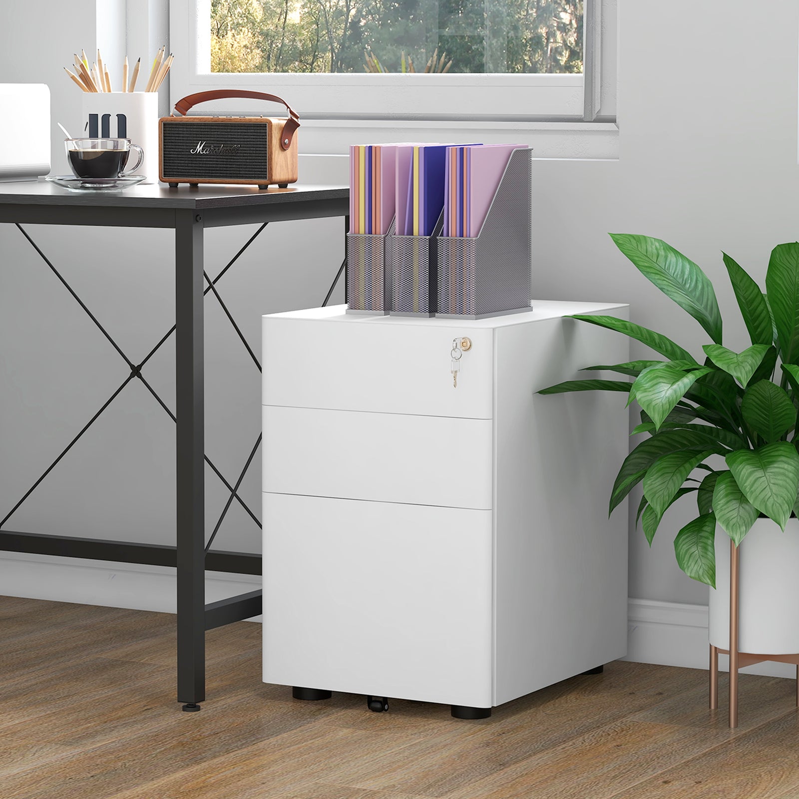 3 Drawer Metal Filing Cabinet Lockable 5 Wheels | One Size | White