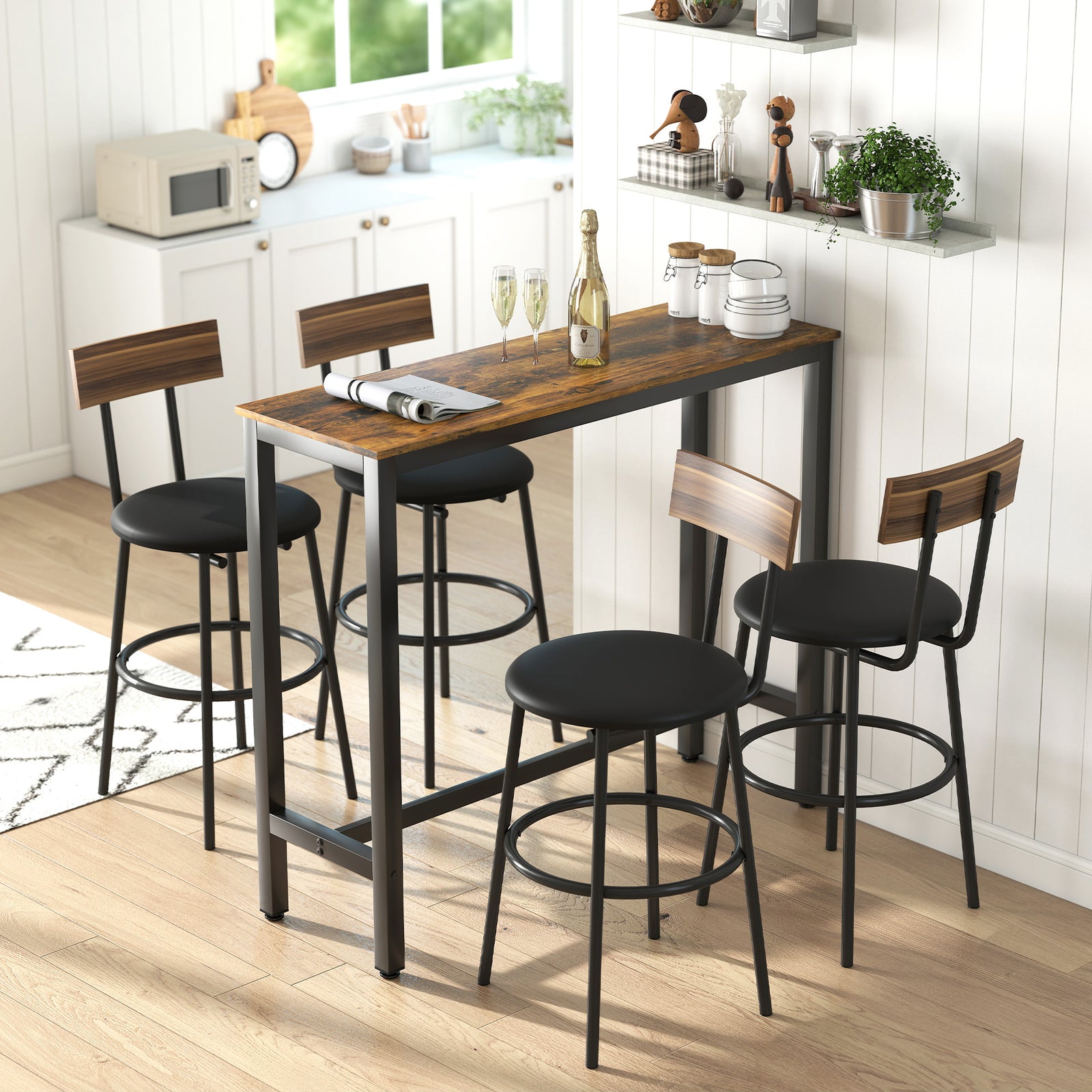 Bar Table Coffee Table With Adjustable Footpads For Breakfast Dining | Rustic Brown