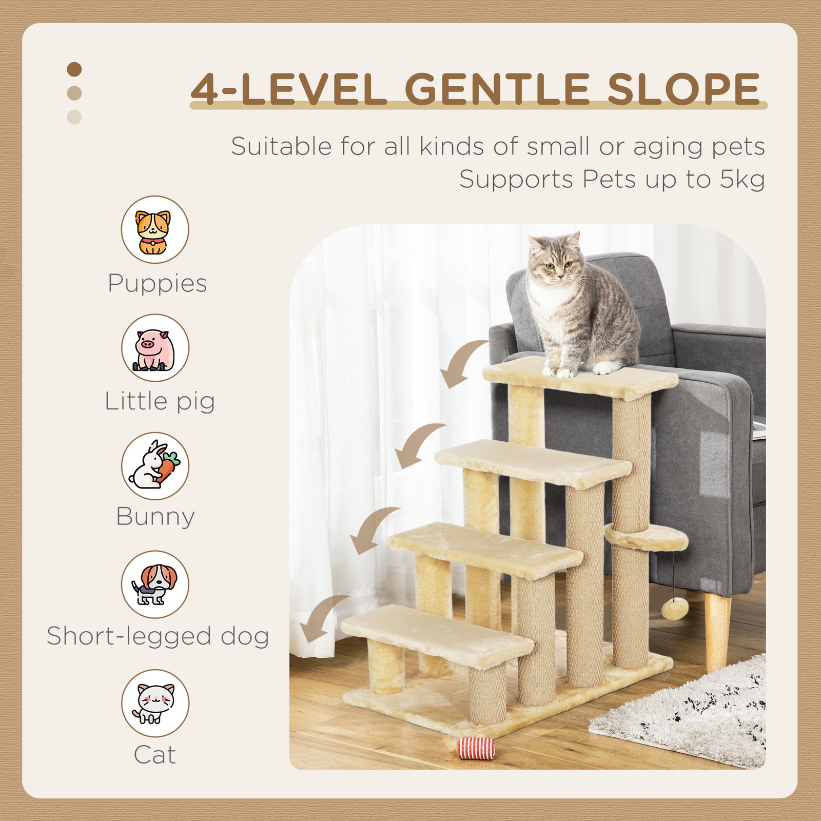 PawHut Pet Stairs With 4-step Stair, Scratching Posts, Platforms, Toy Ball