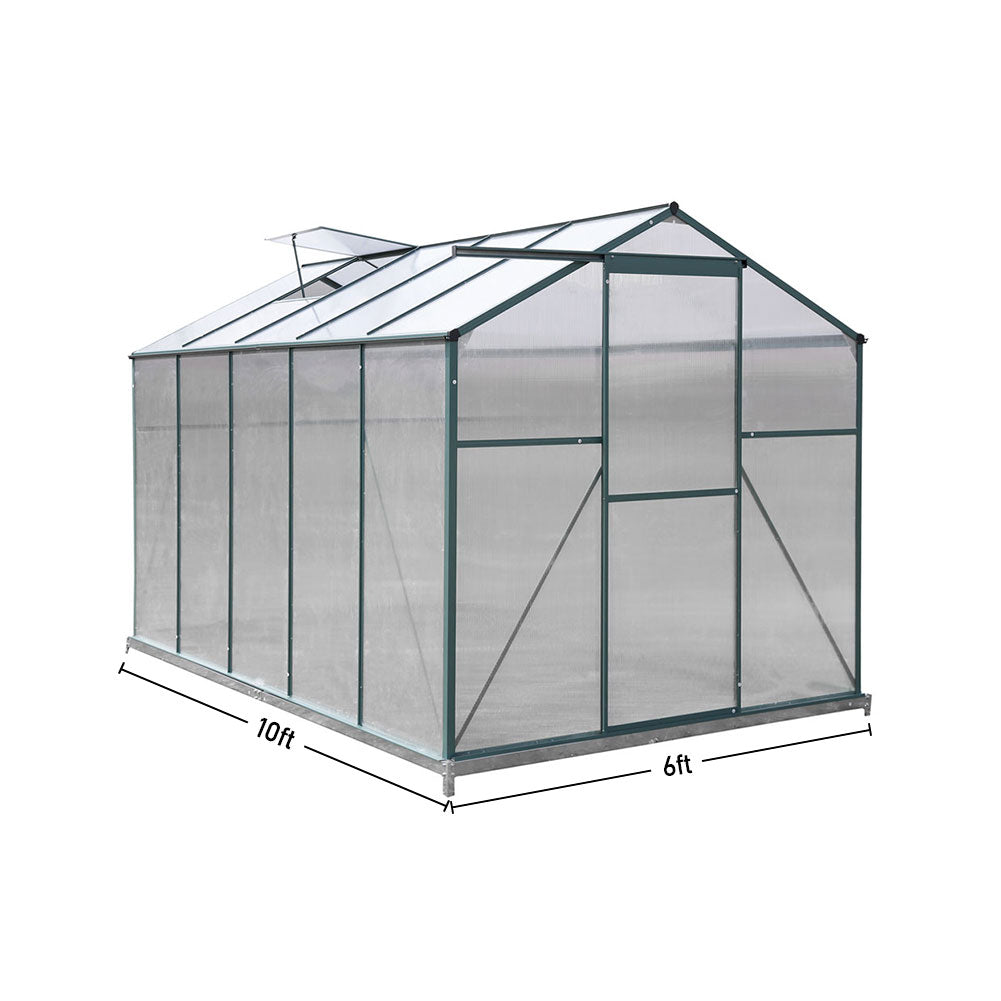 Polycarbonate Greenhouse With Base – Aluminum Frame Walk-in Greenhouse With Sliding Door & 2 Ventilation Window For Plants & Flowers | 10 x 6ft | Green
