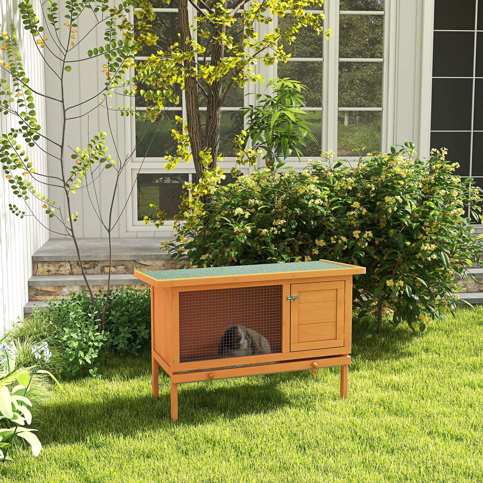 Rabbit Hutch Bunny Cage Guinea Pig Elevated House Wood Outdoor Garden