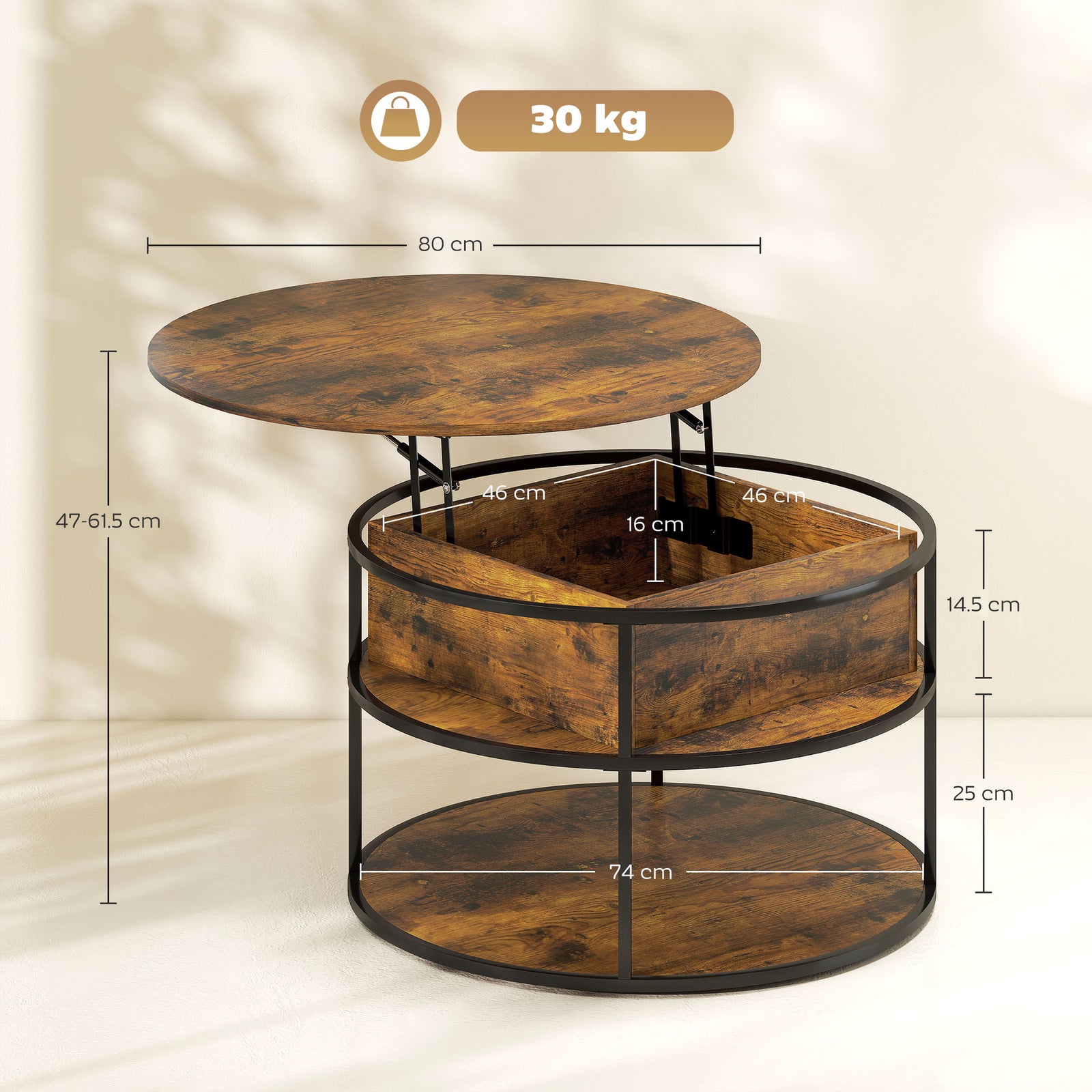 Lift Top Coffee Table, Round Coffee Table With Hidden Storage | Brown