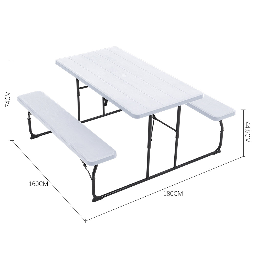 Foldable Picnic Table And Bench Set With Parasol Hole | One Size | White