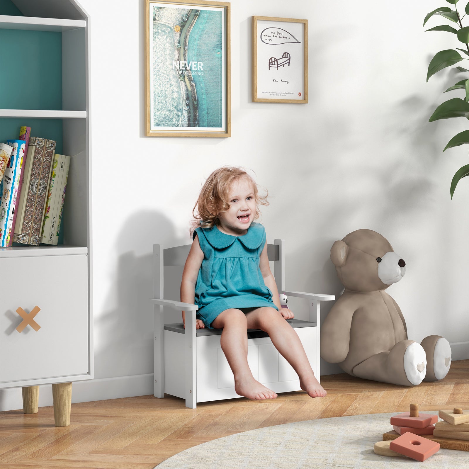 2 In 1 Toy Box For Kids With Safety Lid For Bedroom, Nursery | Grey