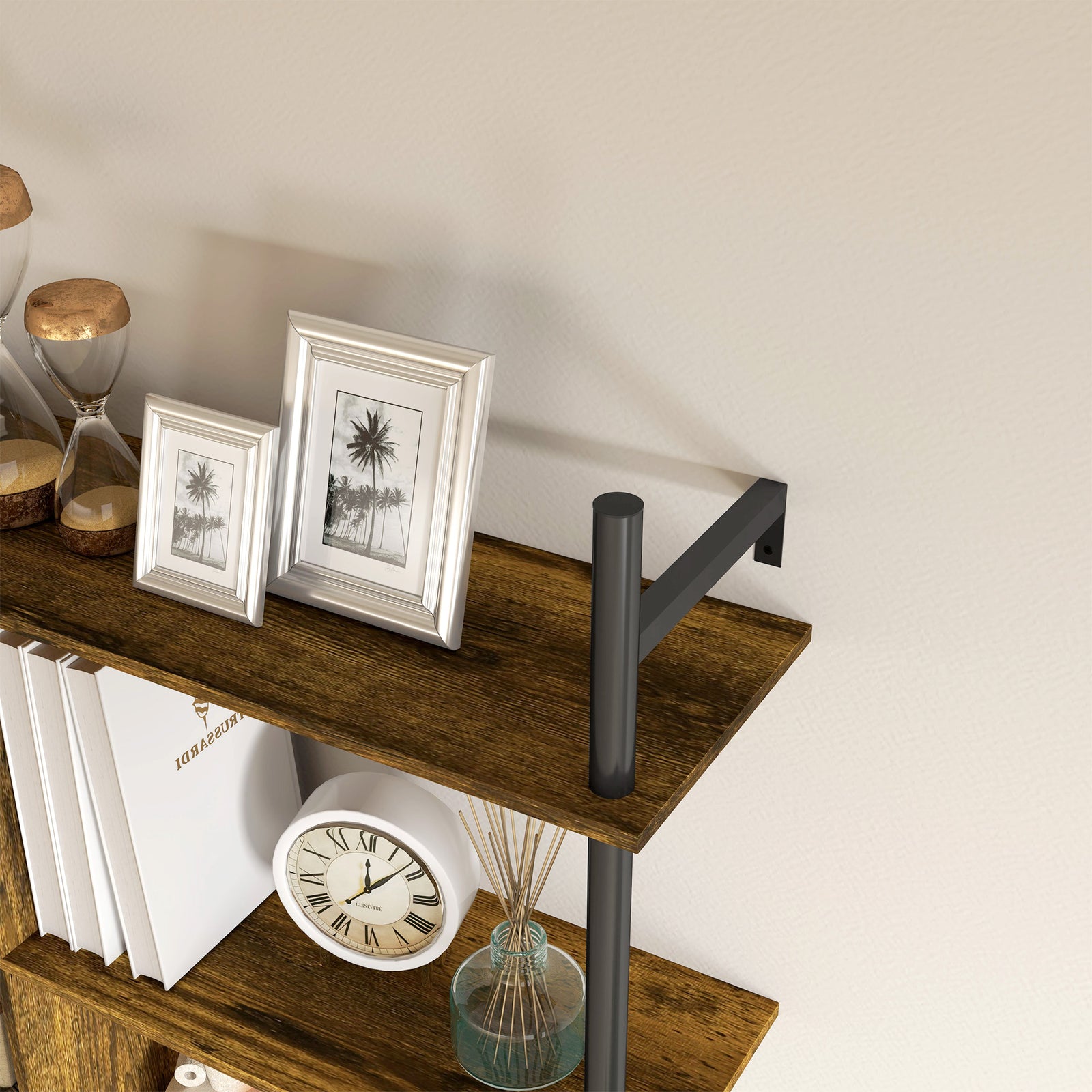 Wall Shelf Unit With 4 Hooks For Living Room | One Size | Brown