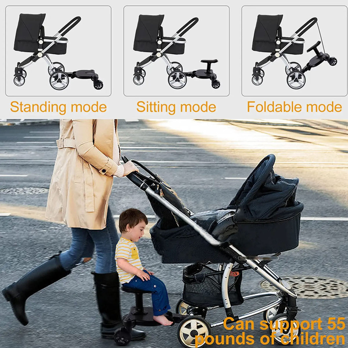 Niversal Stroller Board With Seat – 2-in-1 Buggy Pram Attachment, Black
