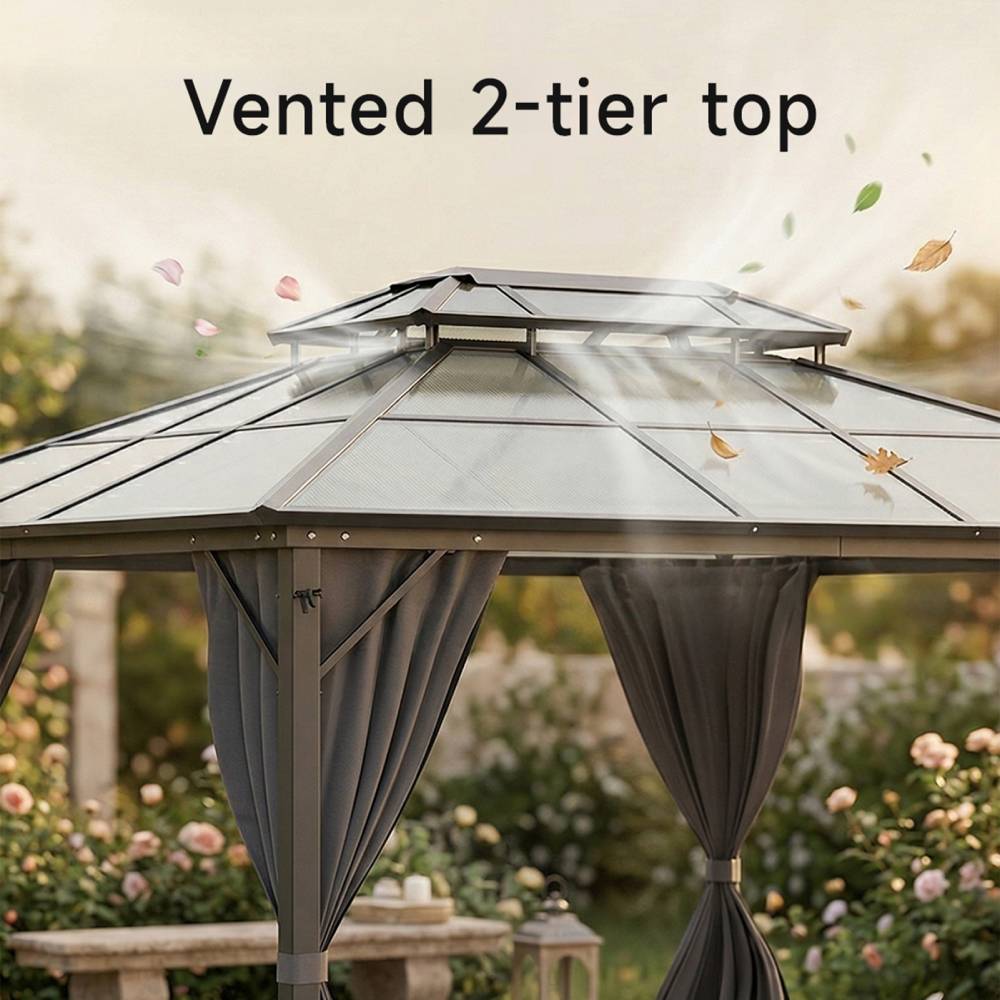 3 x 3.6m Hardtop Patio Gazebo with Curtains, Double-Tier Roof, Steel & Aluminium Frame, Outdoor Garden Sun Shelter Canopy, 2.7m High
