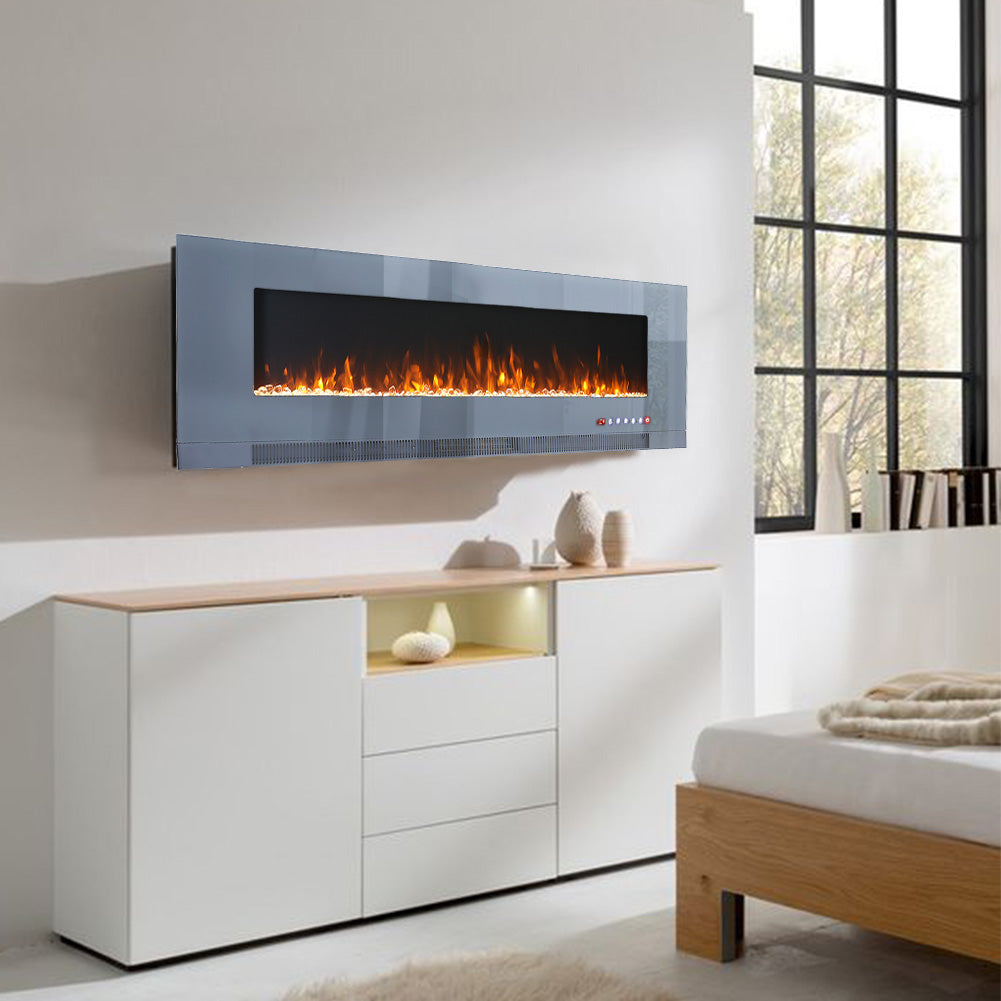 60-inch Grey Electric Fireplace, Wall Mounted Or Recessed With 12 Flame Colors & Freestanding Legs
