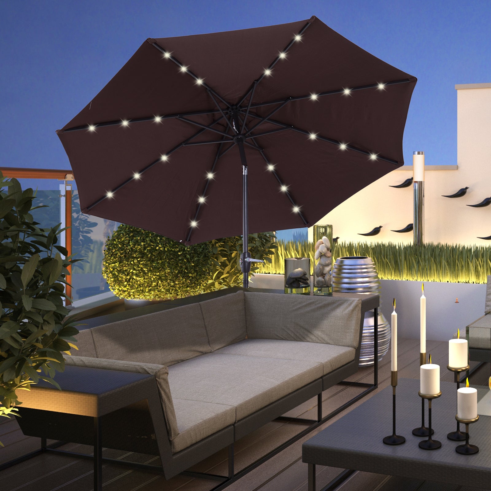 Parasol Patio Umbrella W/ Led Light Crank | Brown