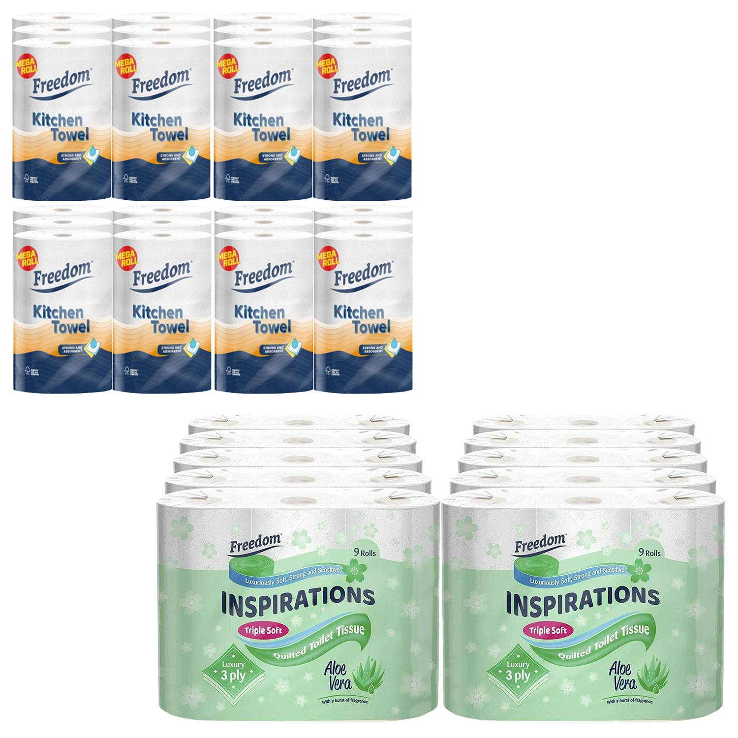 Freedom Aloe Vera 3-ply 90 Rolls + Rhino Jumbo Kitchen Towels 24 Rolls