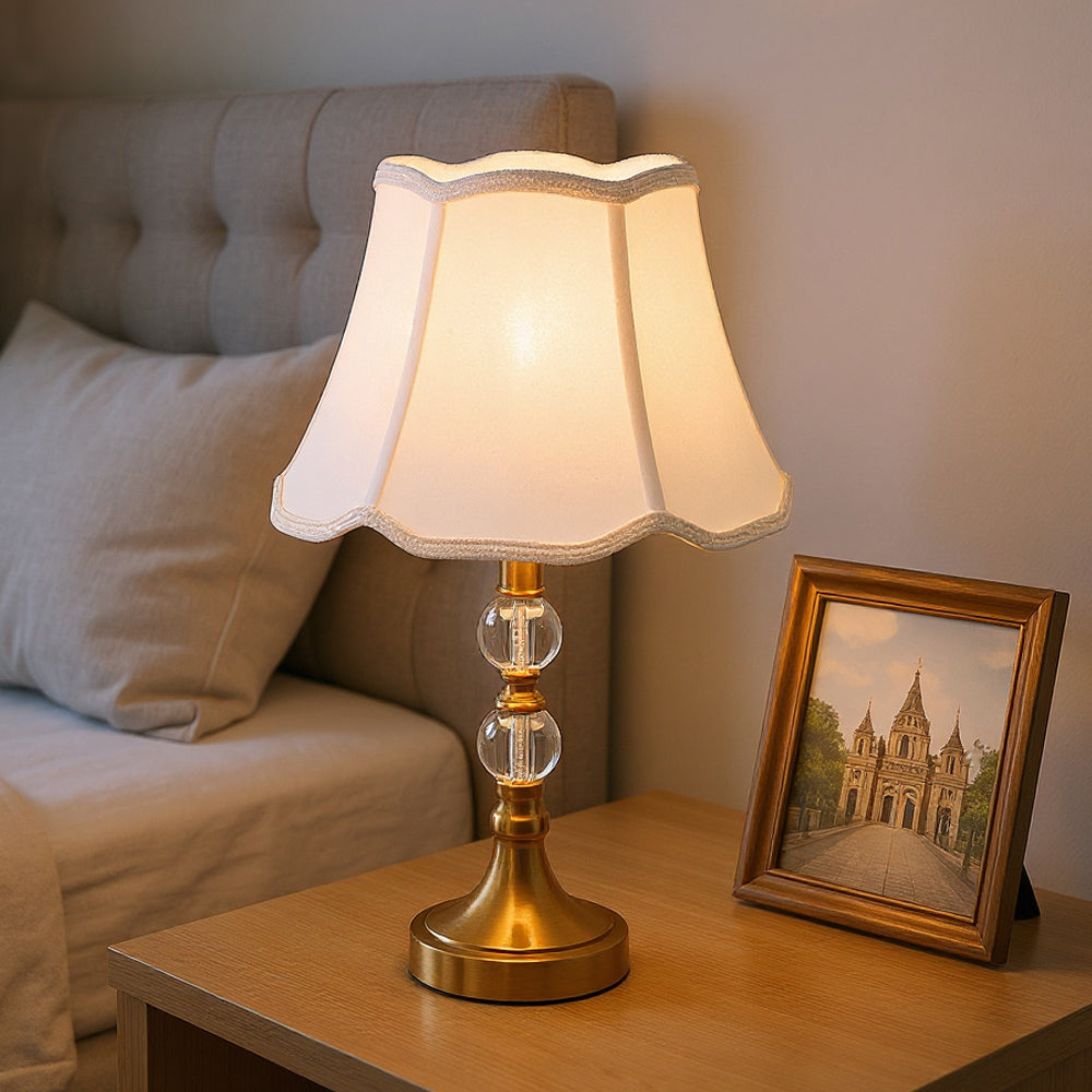 Gold & White Led Table Lamp With Crystal Accents – Wavy Fabric Shade, Adjustable Colour Temperature