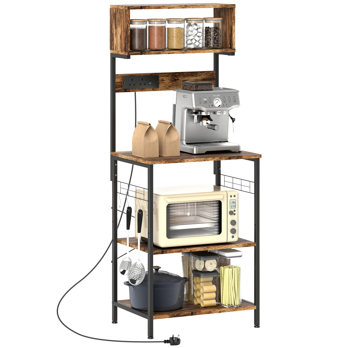 HOMCOM Bakers Rack With Power Outlet, 5 Hooks, Microwave Stand, Brown