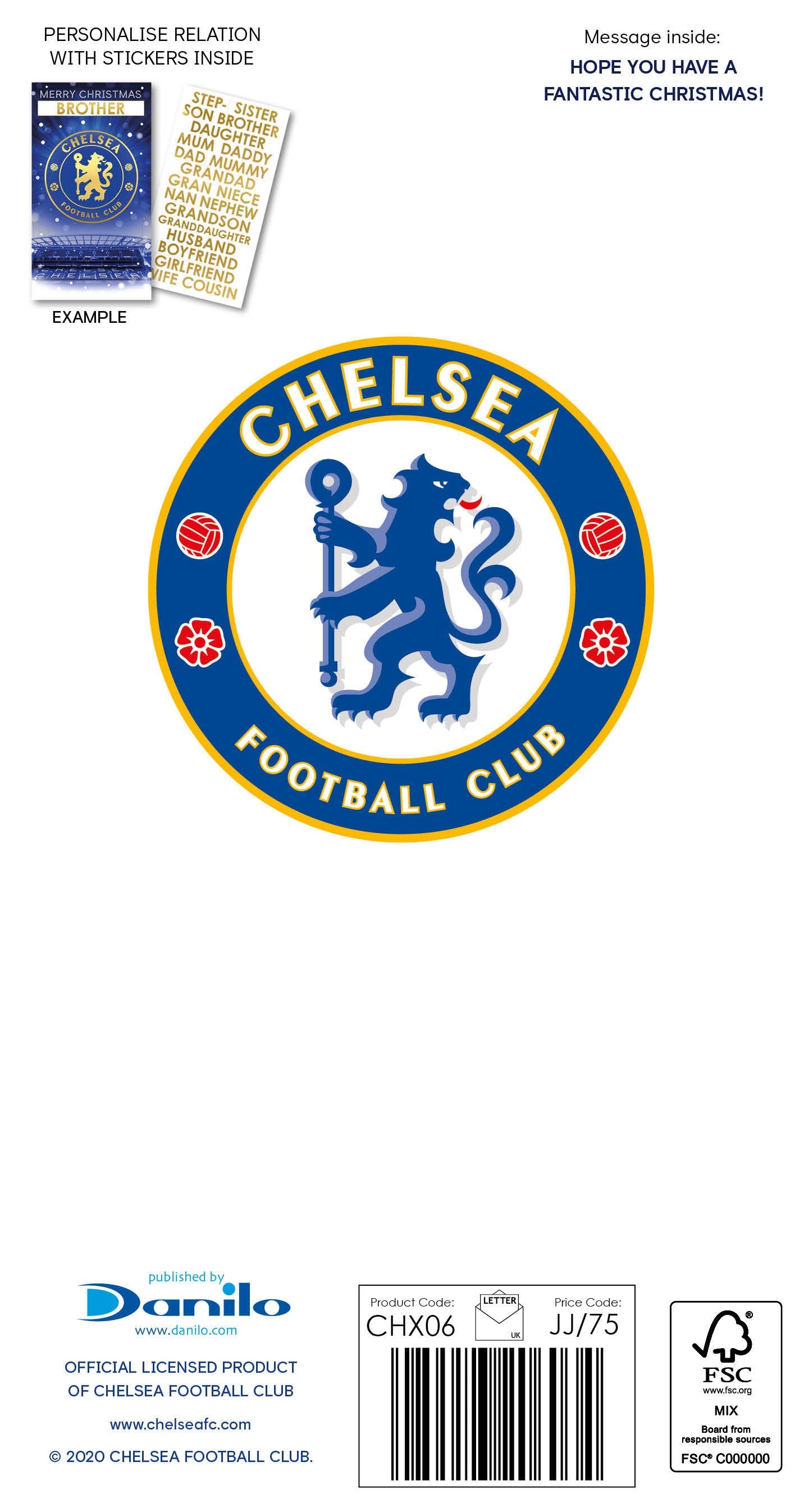 Chelsea FC Personalise Christmas Card With Sticker Sheet Official Product
