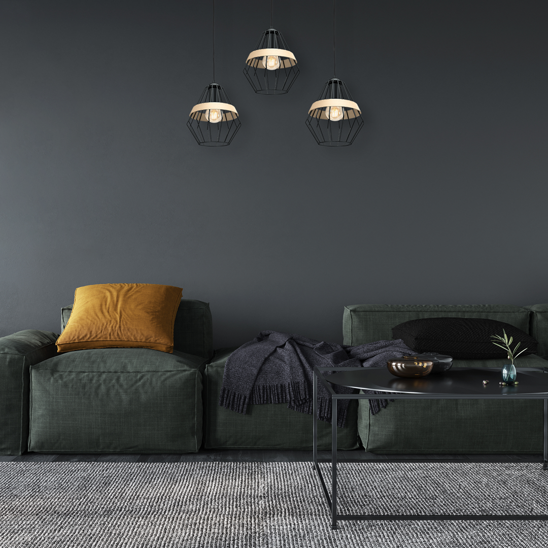 Cliff Black Pendant Lamp 3xe27 Hand Made Matt Black Cage Style Lamps With Natural Wood Detail