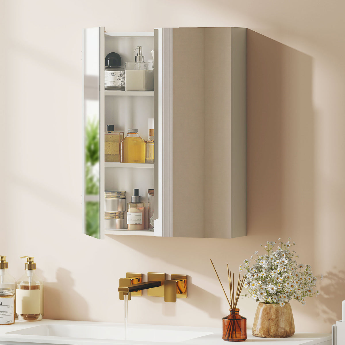 HOMCOM Wall Mounted Bathroom Mirror Storage Cabinet W/ Door Adjustable Shelf