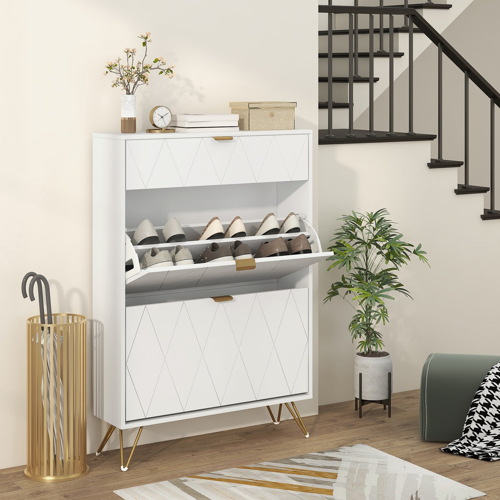 Slim Shoe Storage Cabinet With Flip Drawers For Entryway