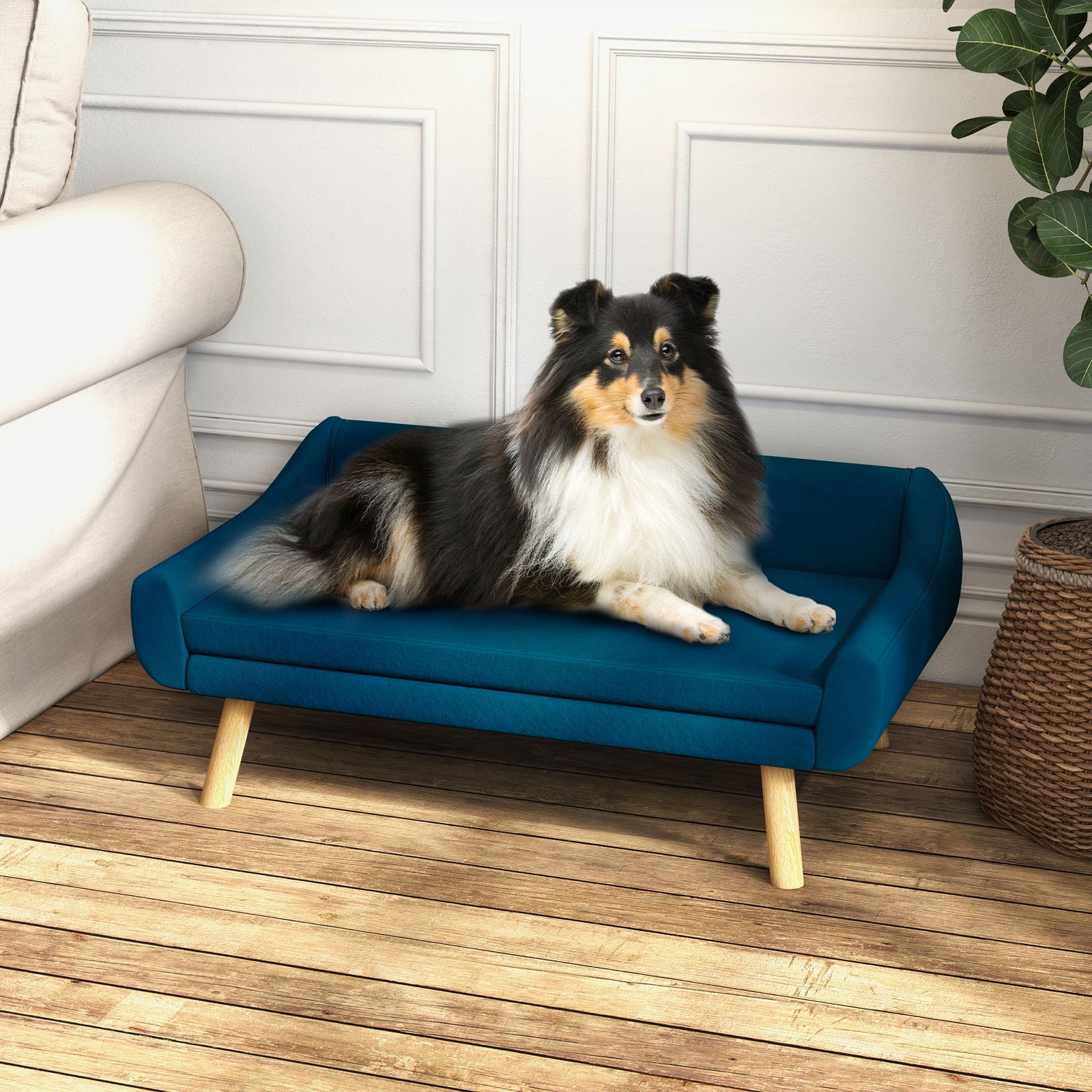 Dog Sofa Bed Raised Couch With Wooden Frame And Soft Cushion | Blue