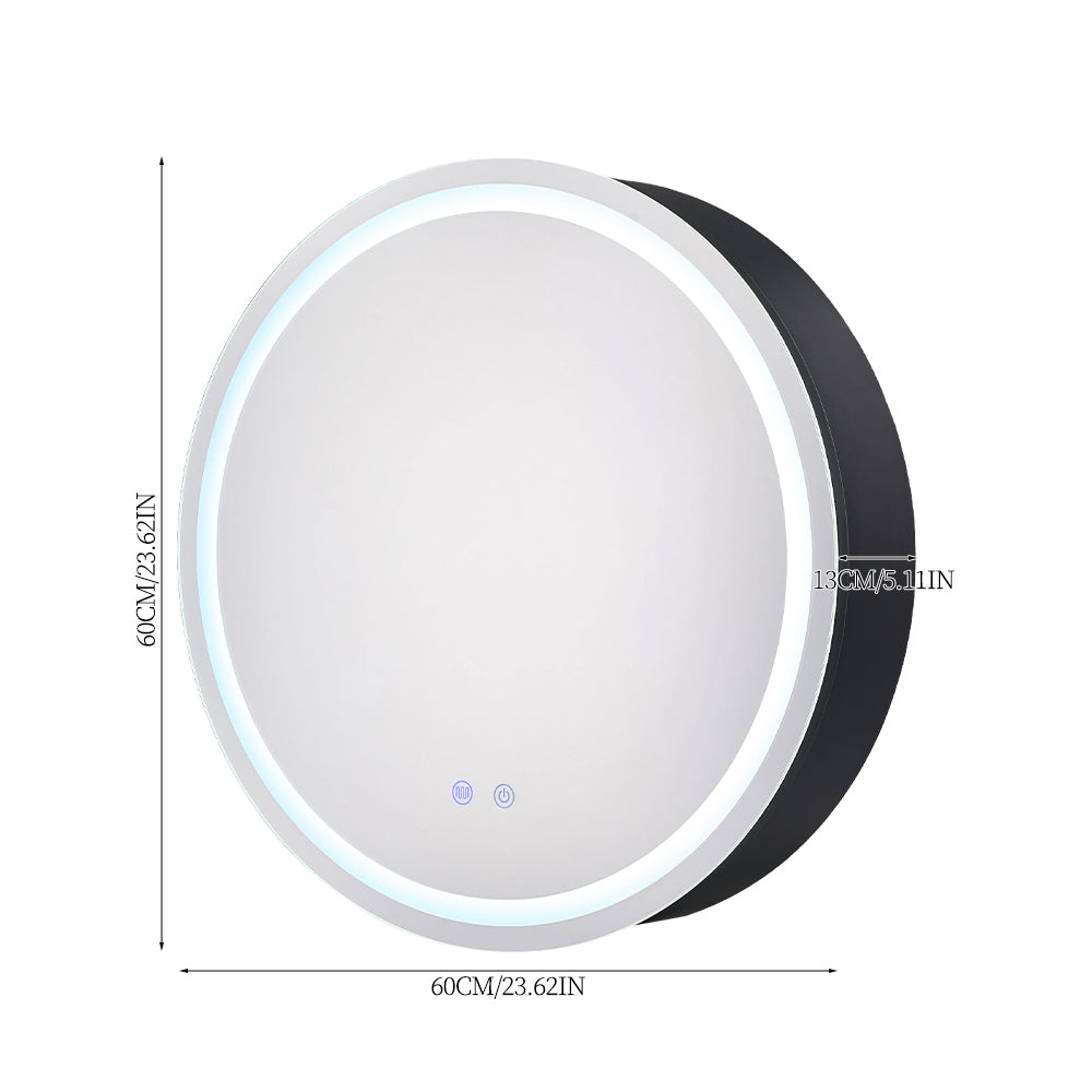 Black Round 60cm Dia Led Bathroom Mirror Cabinet With Storage Anti-fog, Touch Control, Adjustable Color Temperature