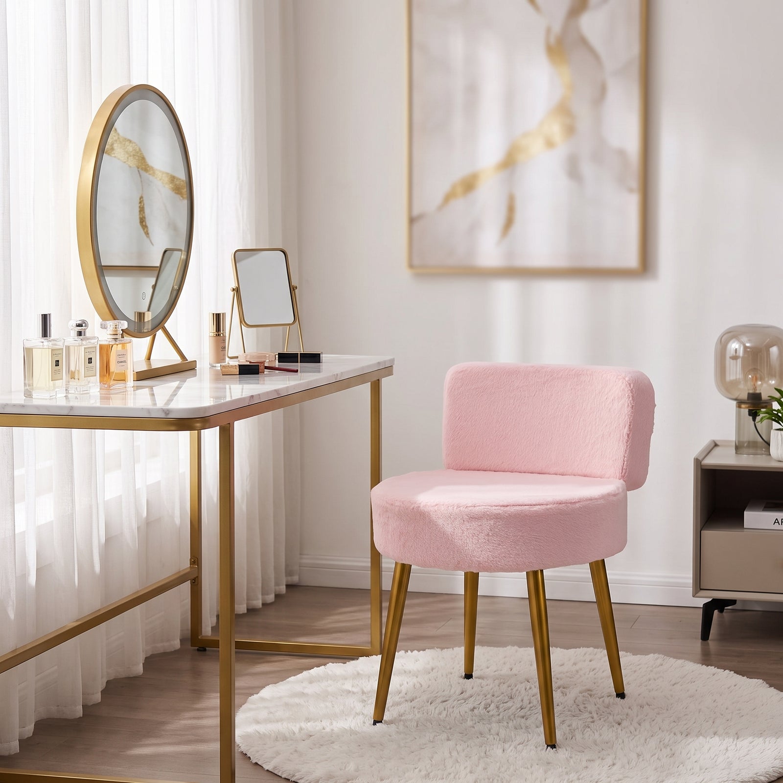 Upholstered Dressing Table Stool With Adjustable Feet | Pink