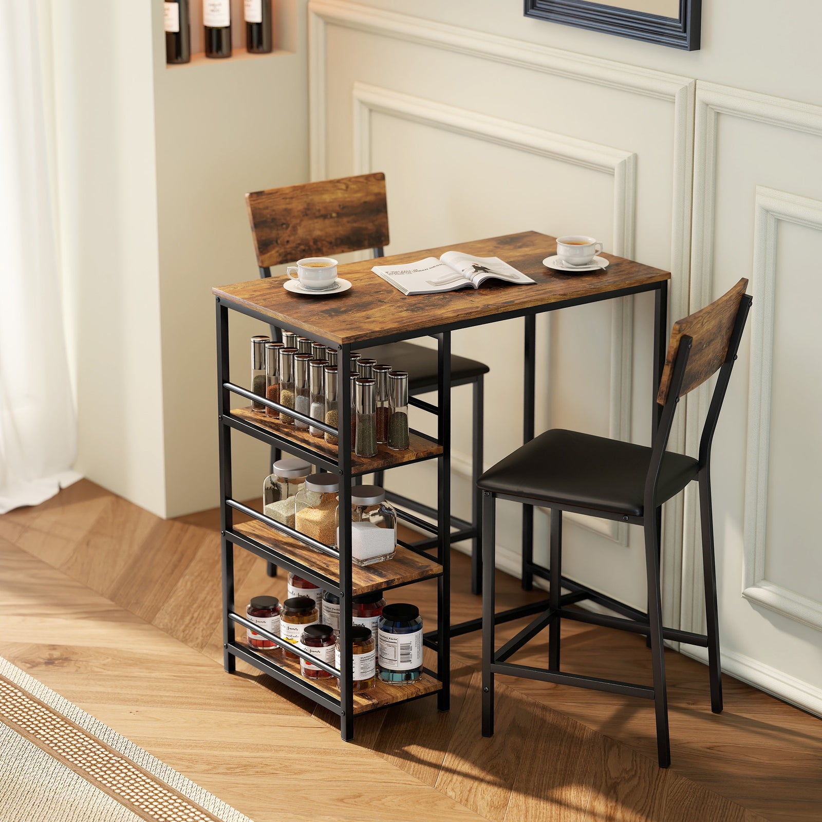 HOMCOM Industrial Bar Table Set With Storage And Padded Seats, Rustic Brown