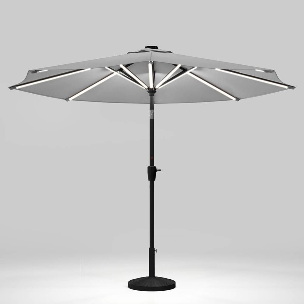 3m Solar Led Patio Umbrella, Outdoor Parasol With 16 Led Tubes, Crank Lift & Push Button Tilt With Round Base | One Size | Light Grey