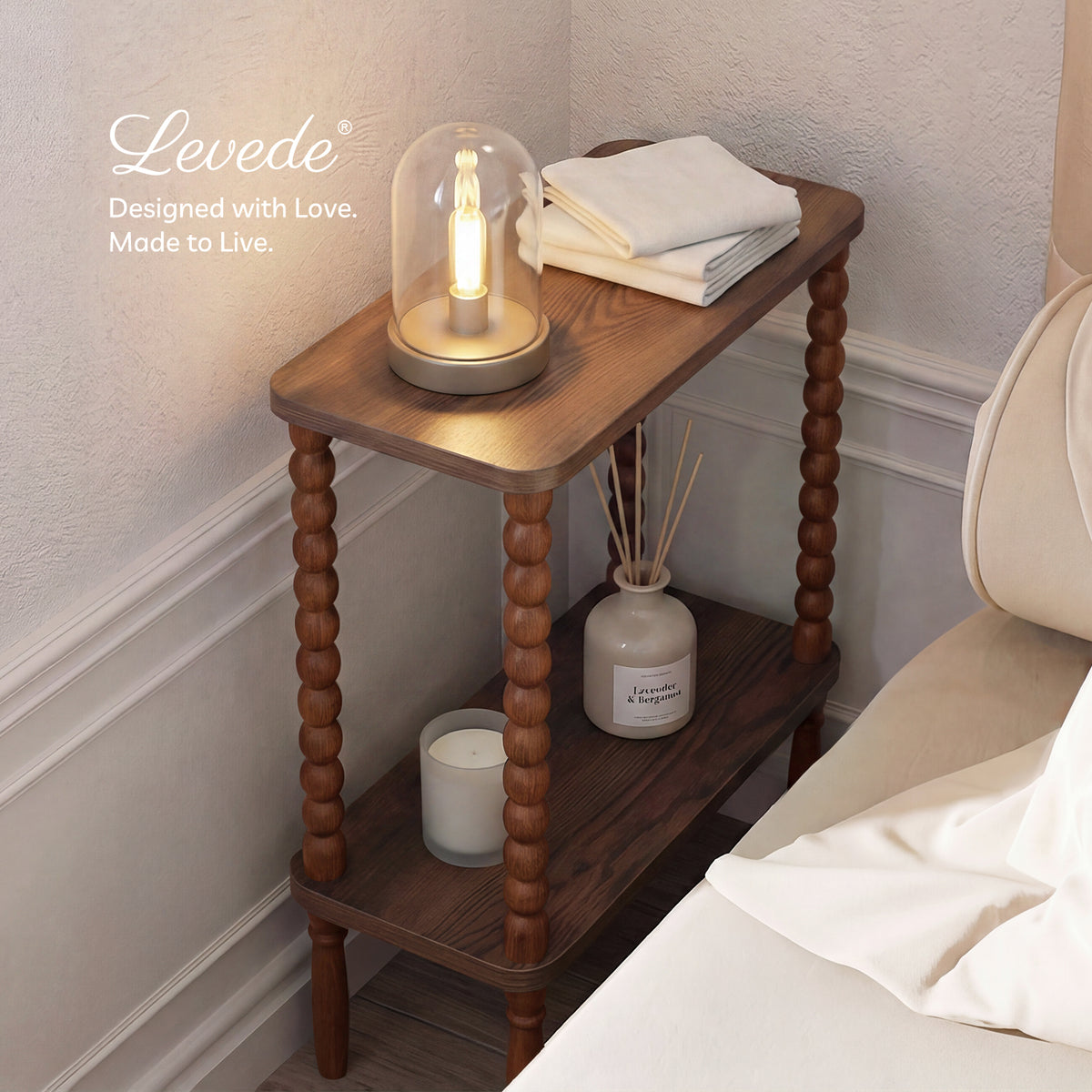 Levede Narrow Side Table 2 Tier Storage Mdf End Table Rubber Wood Legs Brown