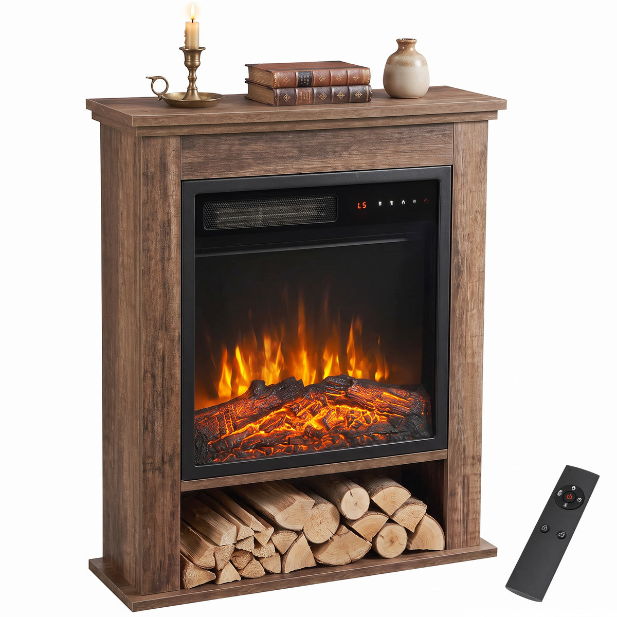 Freestanding Electric Fireplace Suite, 25" 1800w, Open Shelf | Oak