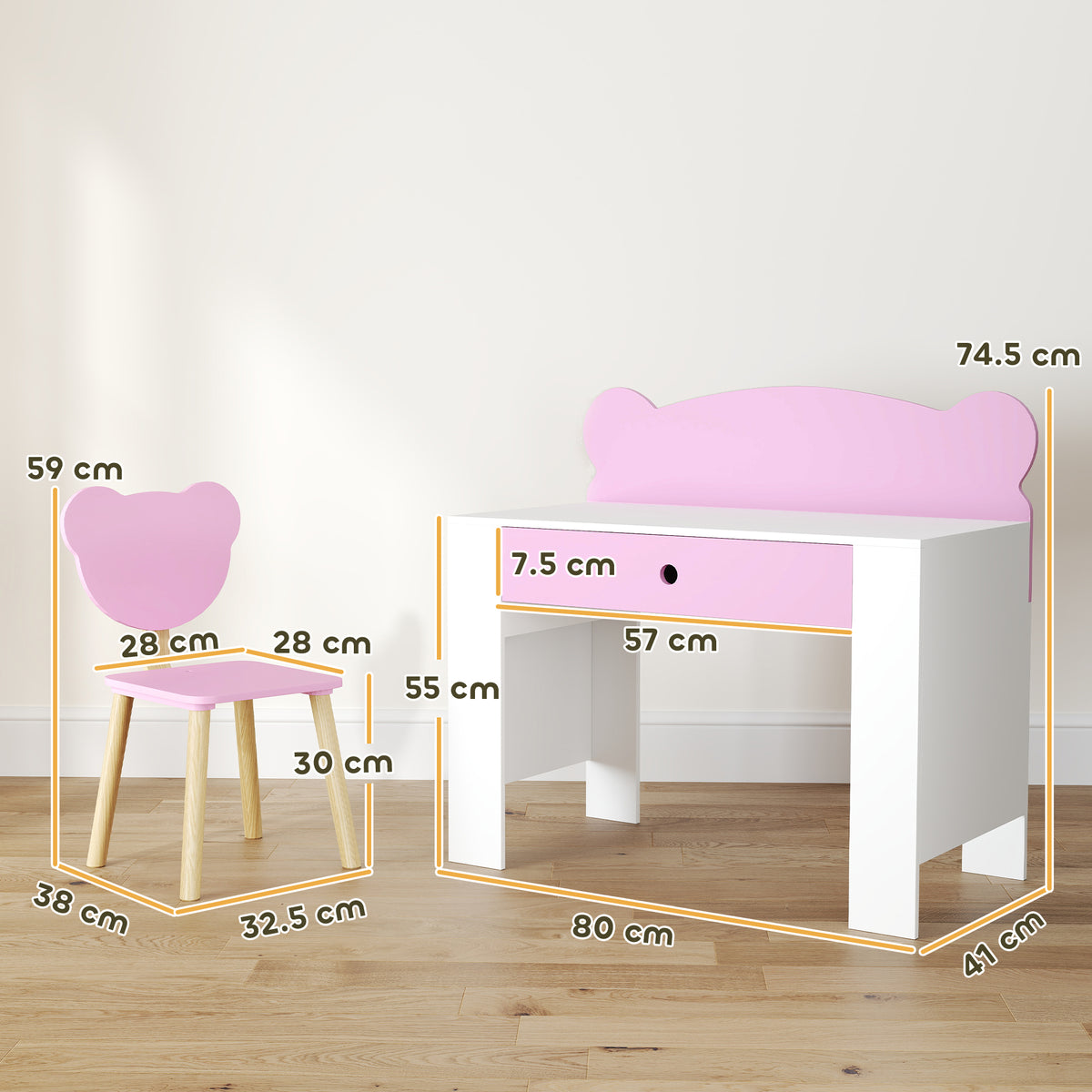 AIYAPLAY Kids Desk And Chair Set, Children Writing Table With Drawer, Pink