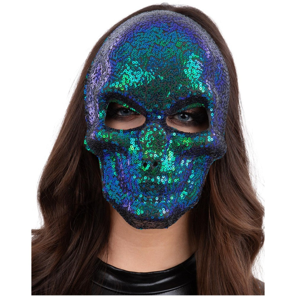 Sequin Skull Mask, Two Tone Blue & Green