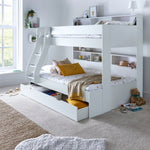 Oliver Triple Sleeper Storage Bunk Bed With Drawer With Memory Foam Mattresses | Small Double | White
