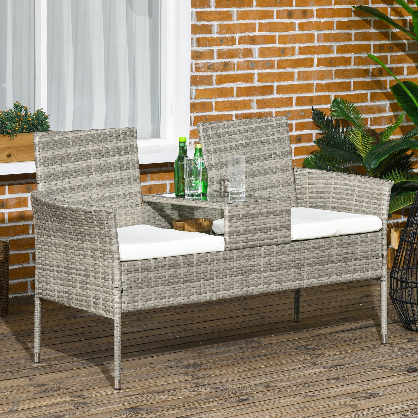 Rattan Garden Bench W/ Glass Table, Wicker Chair, Cushions | Gray