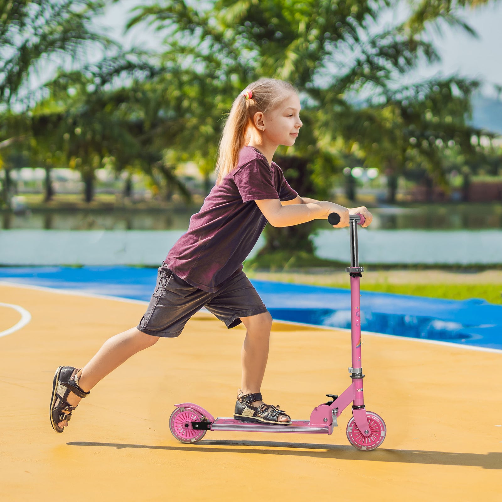Kids Scooter 2 Wheels W/ Lights Music Adjustable Height Foldable | Pink