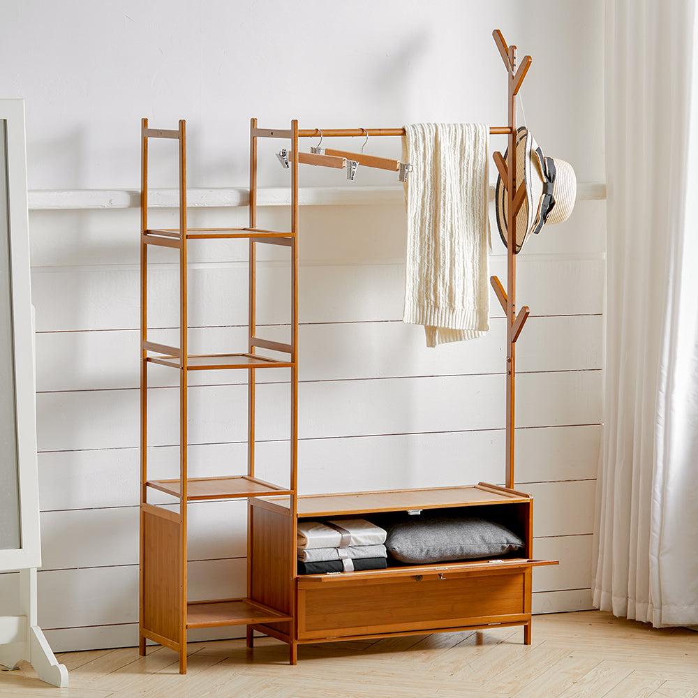 Bamboo Freestanding Clothes Rack Garment Organizer With Storage Shelves For Closet Or Bedroom | Large | Brown