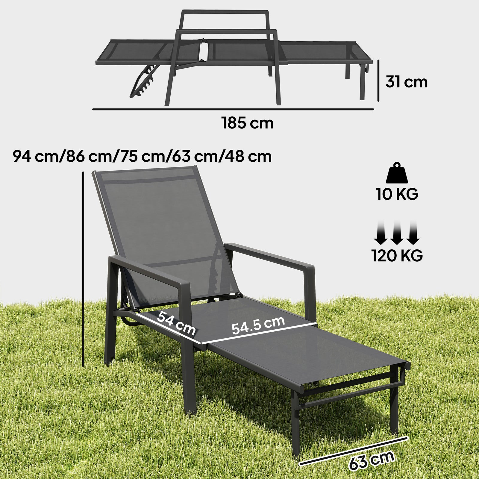 Sun Lounger W/ Retractable Footrest, 5-position Adjustable | Set-of-1 | Grey