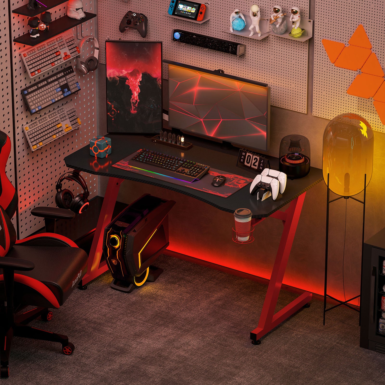 Gaming Desk Steel Frame Cup Holder Black | Red