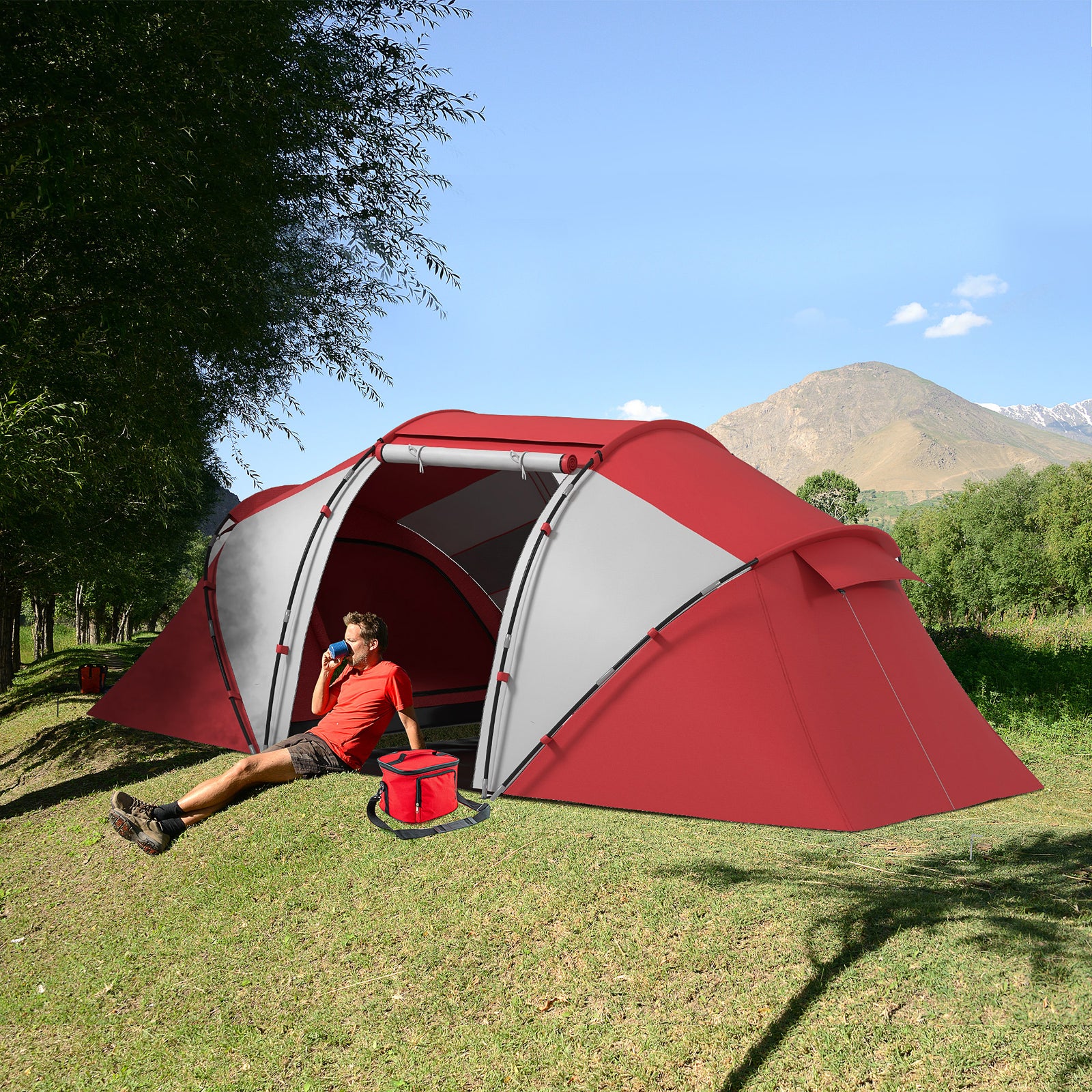 4-6 Persons Camping Tent Dome Family Travel Group Hiking Room Fishing | Grey & Red