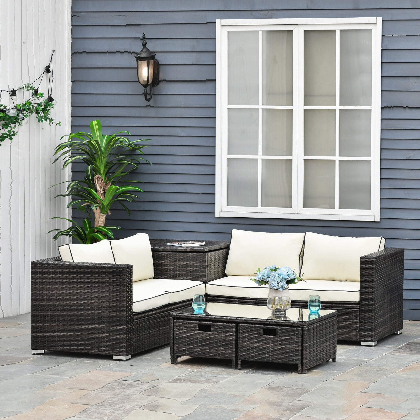 Outsunny 4pcs Rattan Garden Furniture, Patio Sofa Storage & Table Set