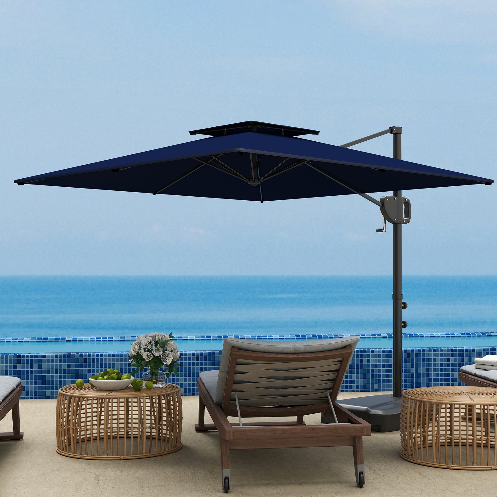 Garden Cantilever Parasol W/ Weighted Base Tilt Crank | Blue