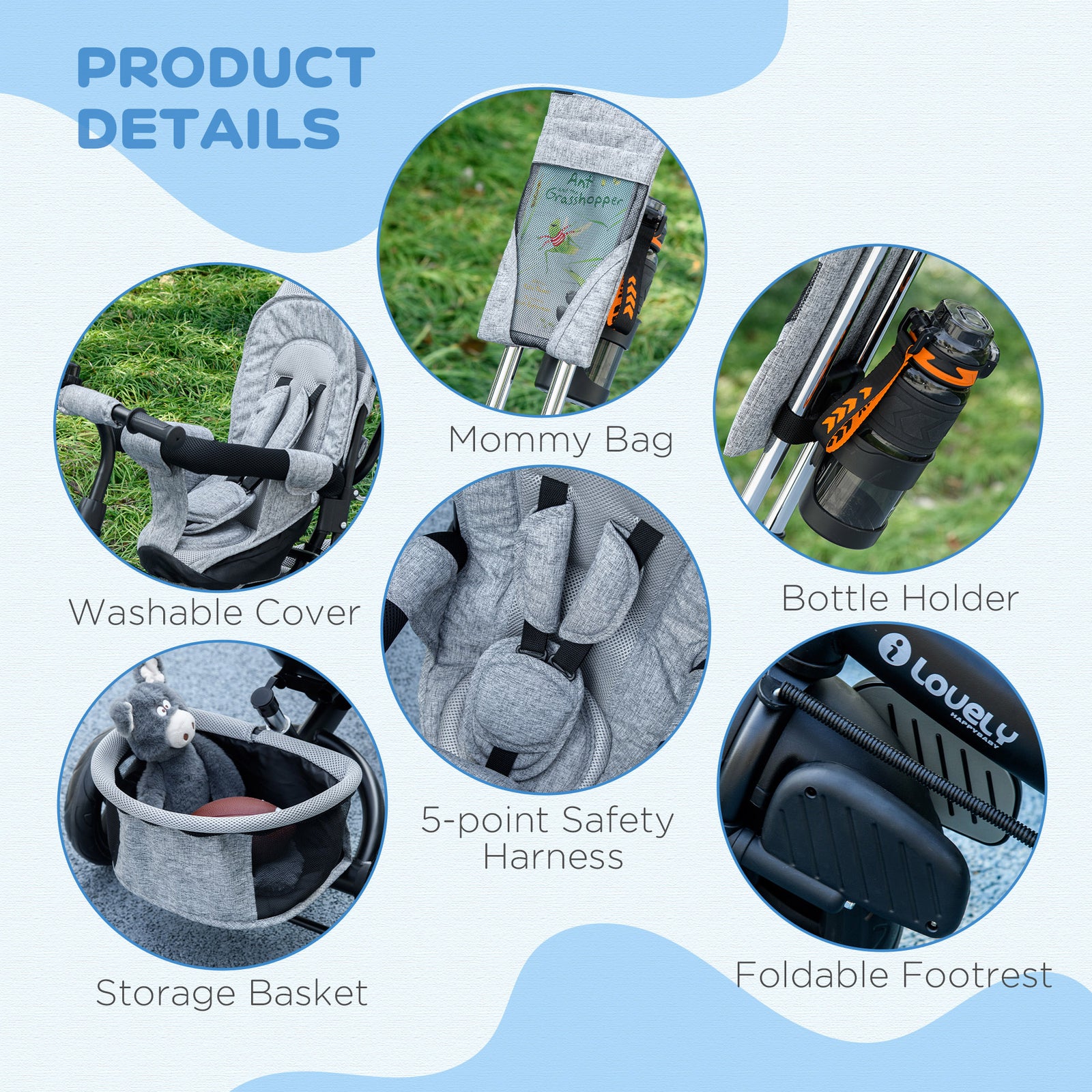 6 In 1 Kids Trike, Stroller With Parent Handle | Grey