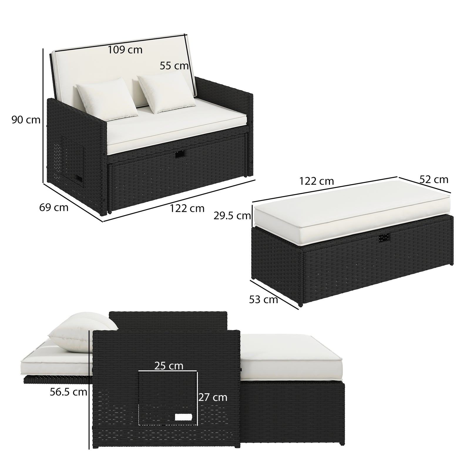 Garden Rattan Furniture Set 2 Seater Patio Sun Lounger Daybed | Cream