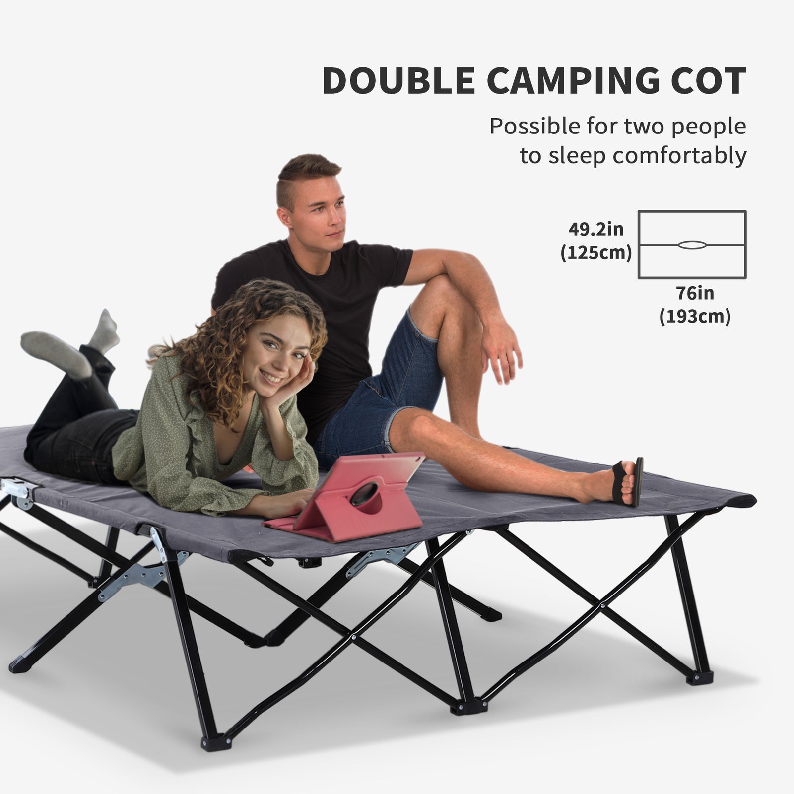 Double Camping Folding Cot Outdoor Portable Sleeping Bed | Gray